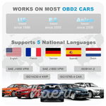 OBD2 scanner compatibility with various car models, supporting English, Spanish, French, German, and Dutch languages.