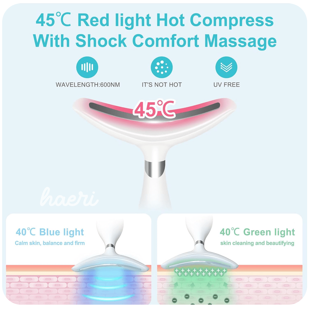 Red, blue, and green light massage device features for skin care and beauty benefits.