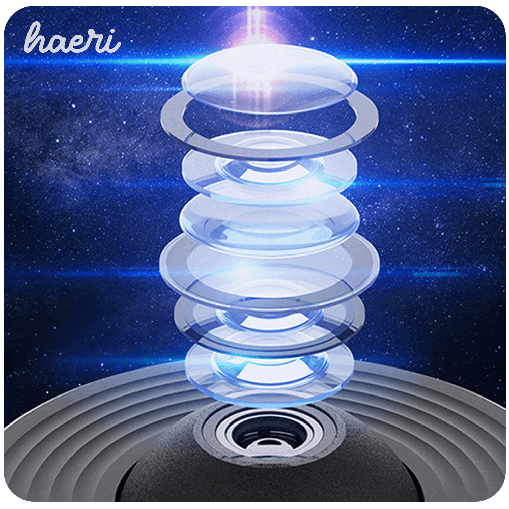 Close-up of lens elements showcasing high definition 4K HD projection technology in a cosmic setting with blue light.