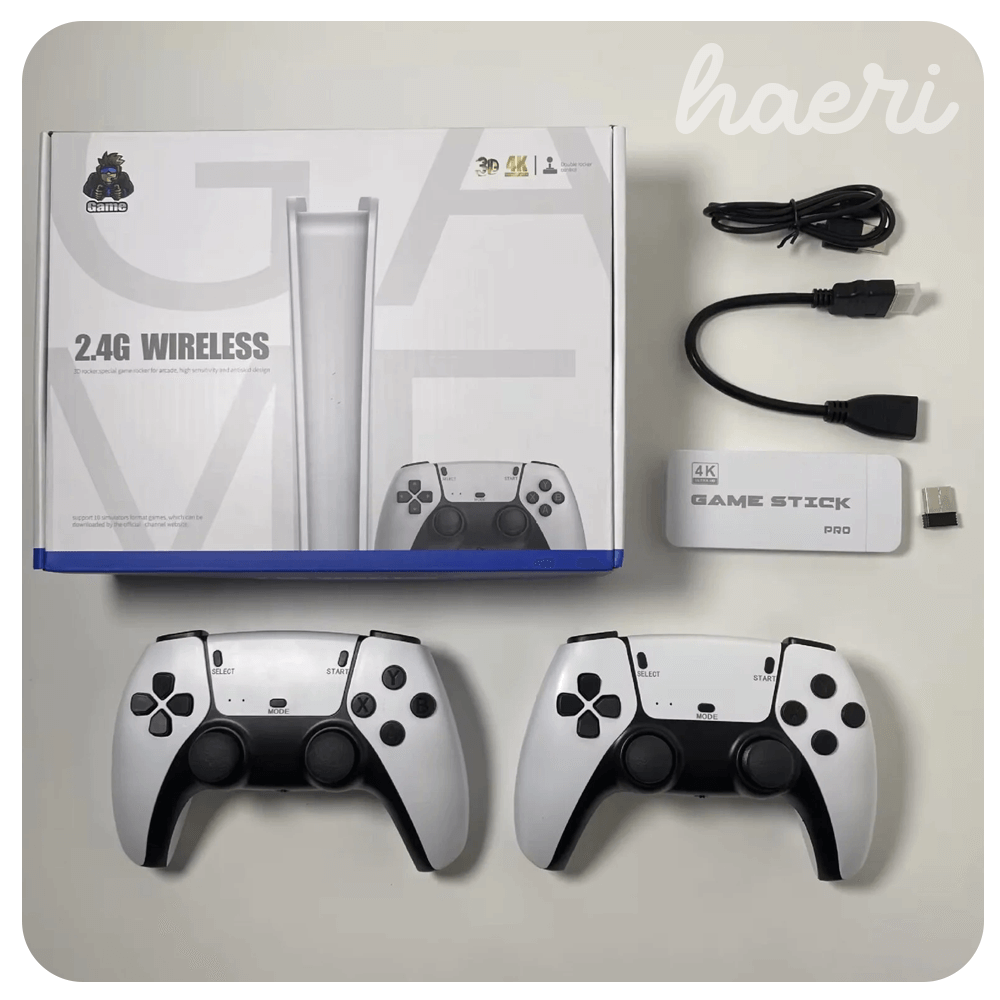 Wireless gaming console bundle with two controllers, cables, and Game Stick Pro for 4K gaming.