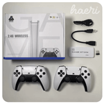 Wireless gaming console bundle with two controllers, cables, and Game Stick Pro for 4K gaming.