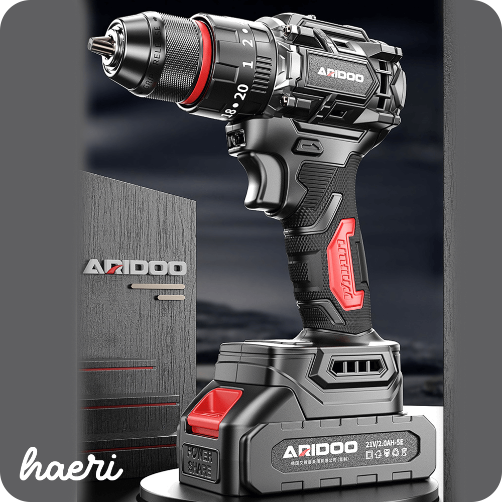ARIDOO 21V cordless drill with battery and charger, ergonomic design, suitable for various tasks.