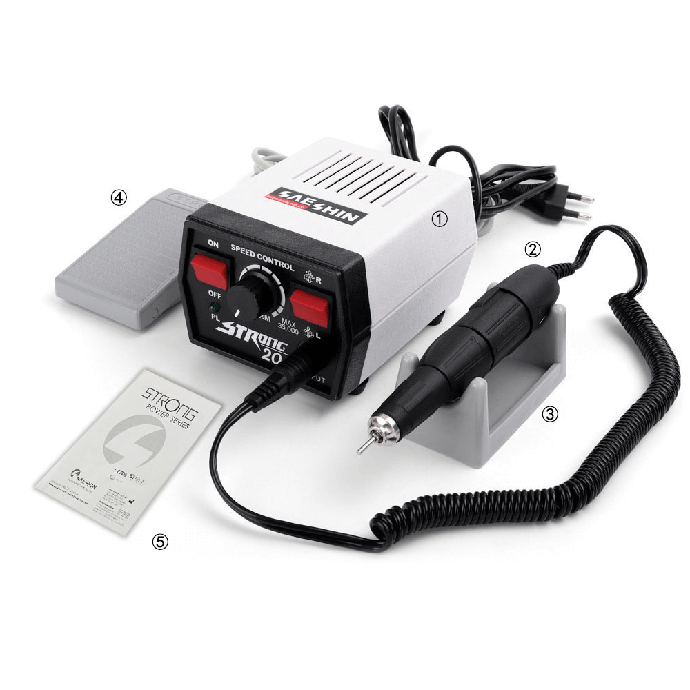 Strong 204 nail drill machine with power unit, handpiece, foot pedal, and manual, ideal for manicures and pedicures, 65W power, 35,000 RPM.