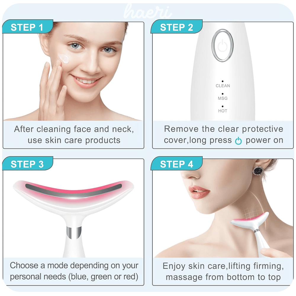Instructions for using a facial and neck lifting massager, showcasing steps for use and skincare application.