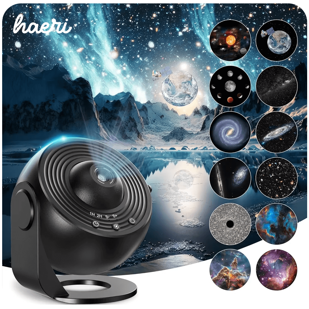 4K HD black cosmos projector with LED light, multiple galaxy slides, type-C cable, and manual. Ideal for home decoration.