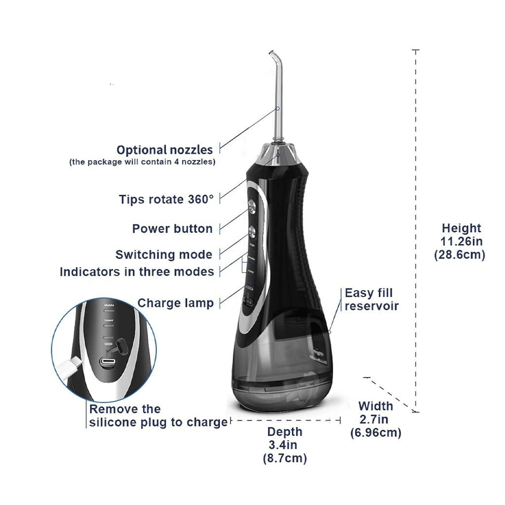 Black handheld oral irrigator with features like 360° rotating tips, power button, mode indicators, and easy-fill water reservoir.