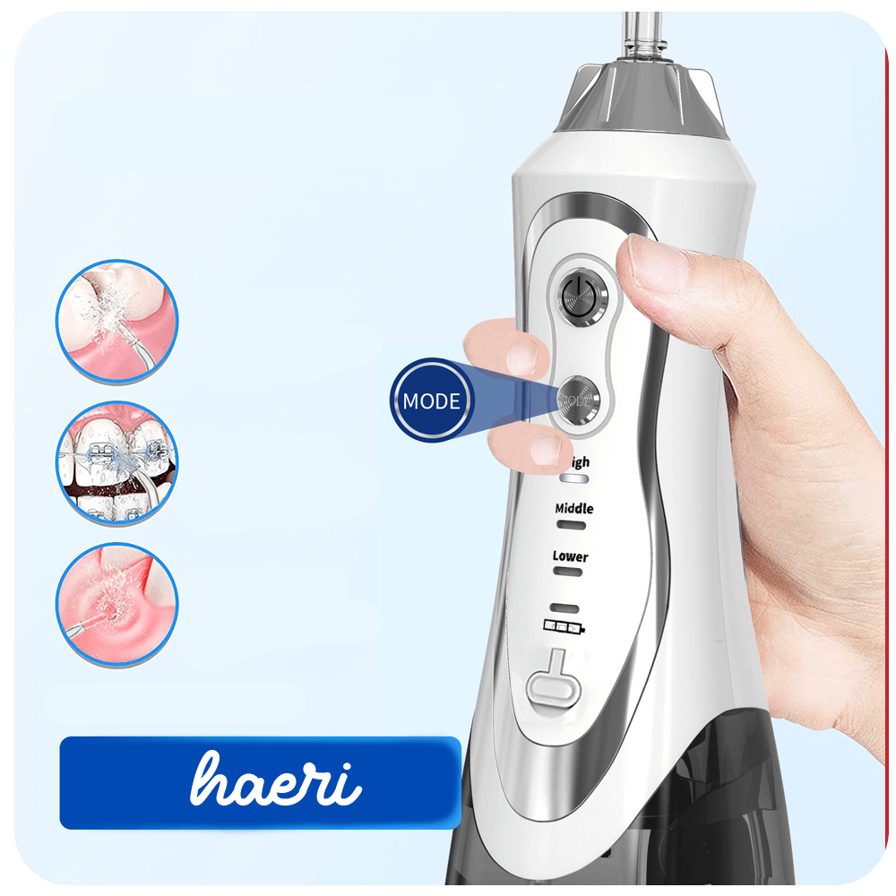 Person holding a white oral irrigator with adjustable modes, highlighting its functions and water tank capacity for oral hygiene.