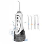 White oral irrigator with four detachable nozzles, 300ml water tank, 1100mAh battery, splash resistant design.