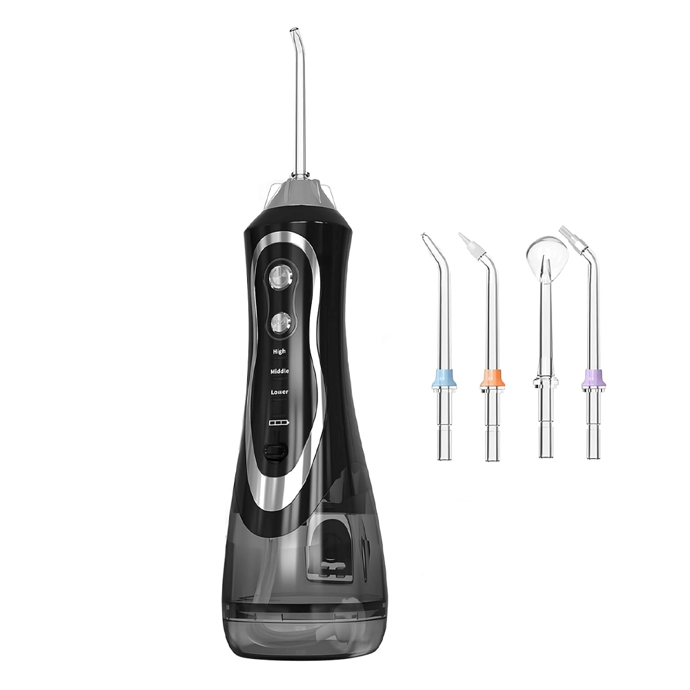 Black oral irrigator with multiple jet heads and a 300ml water tank