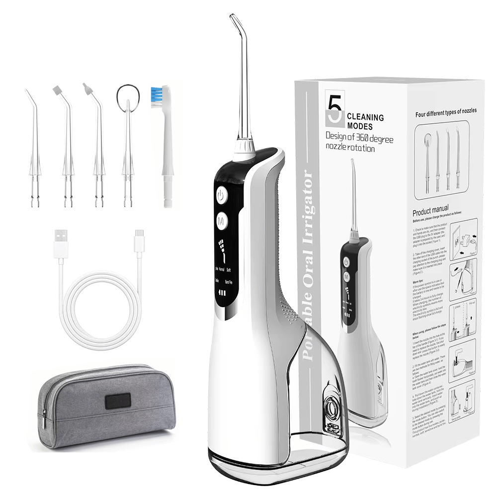 Portable gray oral irrigator with 5 cleaning modes, 330ml tank, 2000mAh battery, and IPX7 water resistance, shown with accessories and packaging.