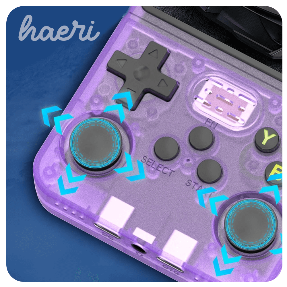 Close-up of the purple retro gaming console R36S controller buttons and analog sticks.