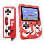 Portable retro gaming console SUP with controller and colorful LCD screen displaying classic game.
