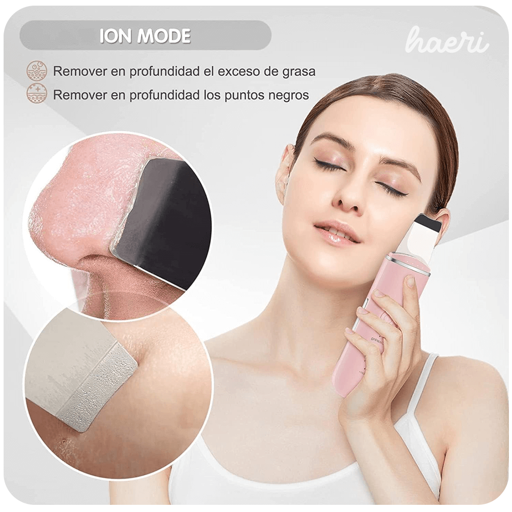 Ultrasonic skin scrubber in use, demonstrating deep cleansing and blackhead removal on the face.