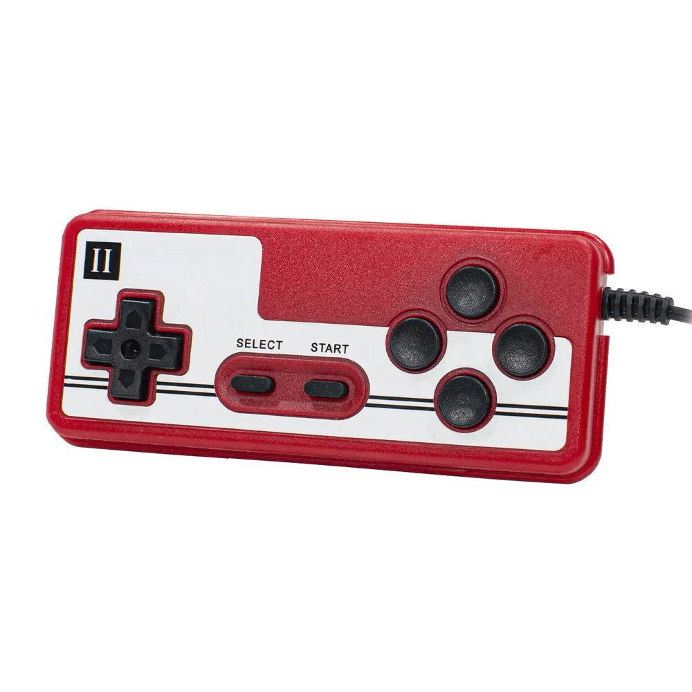 Red retro game controller for portable gaming console, featuring directional pad and action buttons.