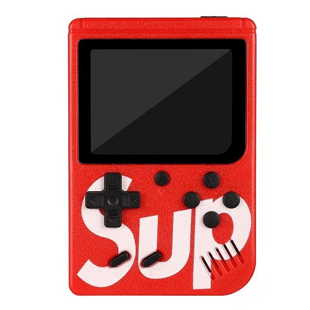 Portative red retro handheld gaming console SUP with 3-inch LCD screen and joystick.