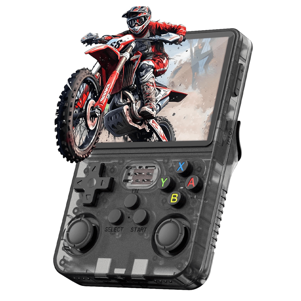 Portable retro gaming console R36S with 3.5 inch display, featuring motocross game on screen.