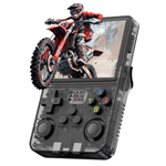 Portable retro gaming console R36S with 3.5 inch display, featuring motocross game on screen.