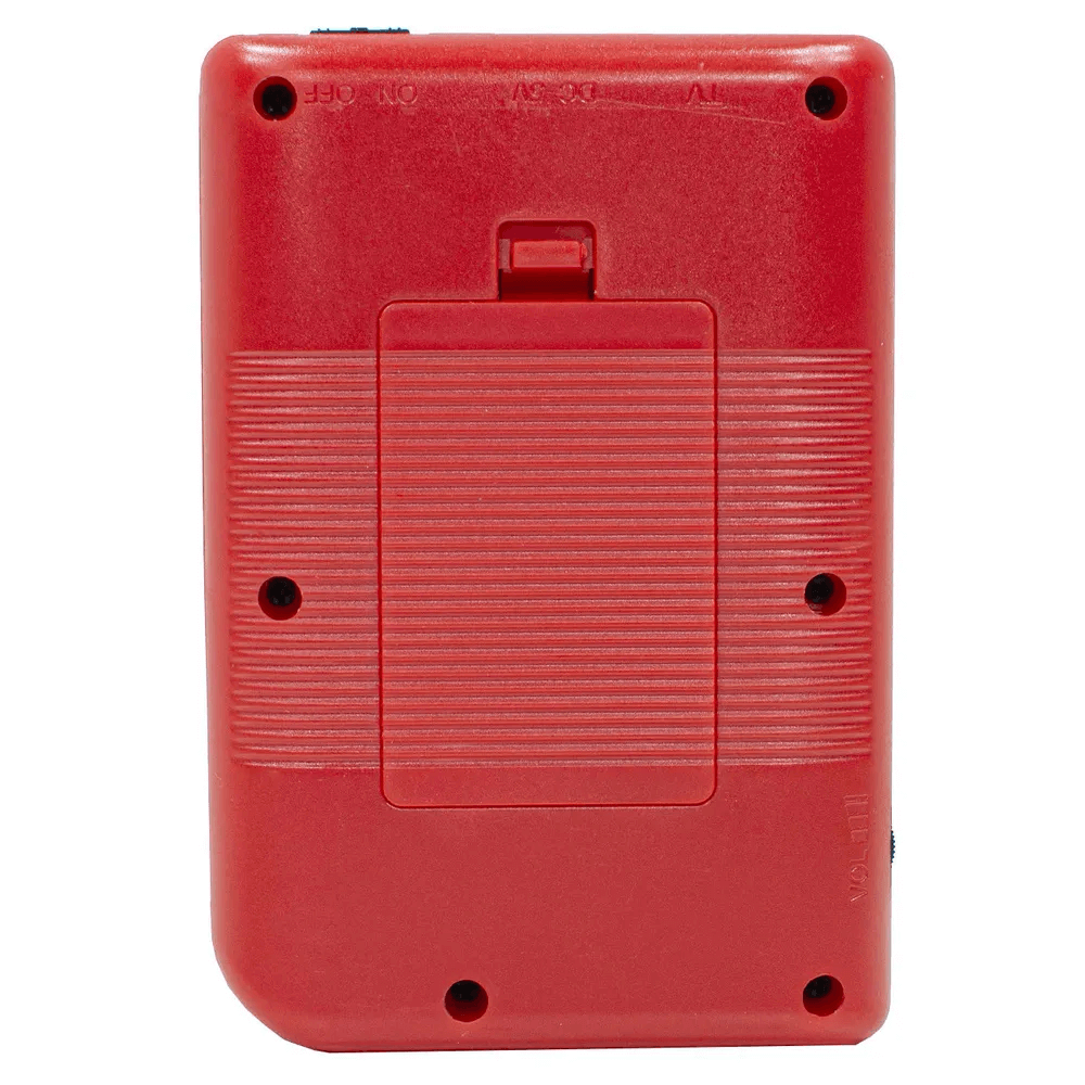 Back view of the portable retro gaming console SUP in red color featuring a smooth finish and connectivity ports.
