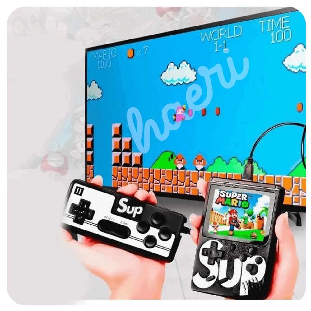 Retro gaming console SUP with controller playing Super Mario on a TV screen.