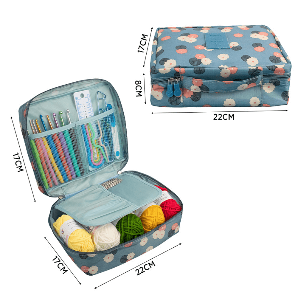 Colorful crochet storage case with yarn balls and hooks, dimensions: 22x17x7cm, ideal for DIY enthusiasts.