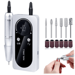 Wireless Nail Drill V2 for manicure and pedicure with 5 attachments, adjustable speed up to 45,000 RPM, Type-C charging, in white.