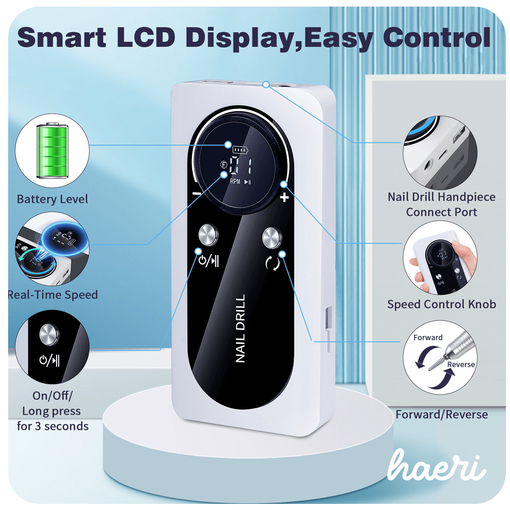 Wireless nail drill with LCD display, speed control, forward/reverse switch, and battery level indicators for easy manicure and pedicure.