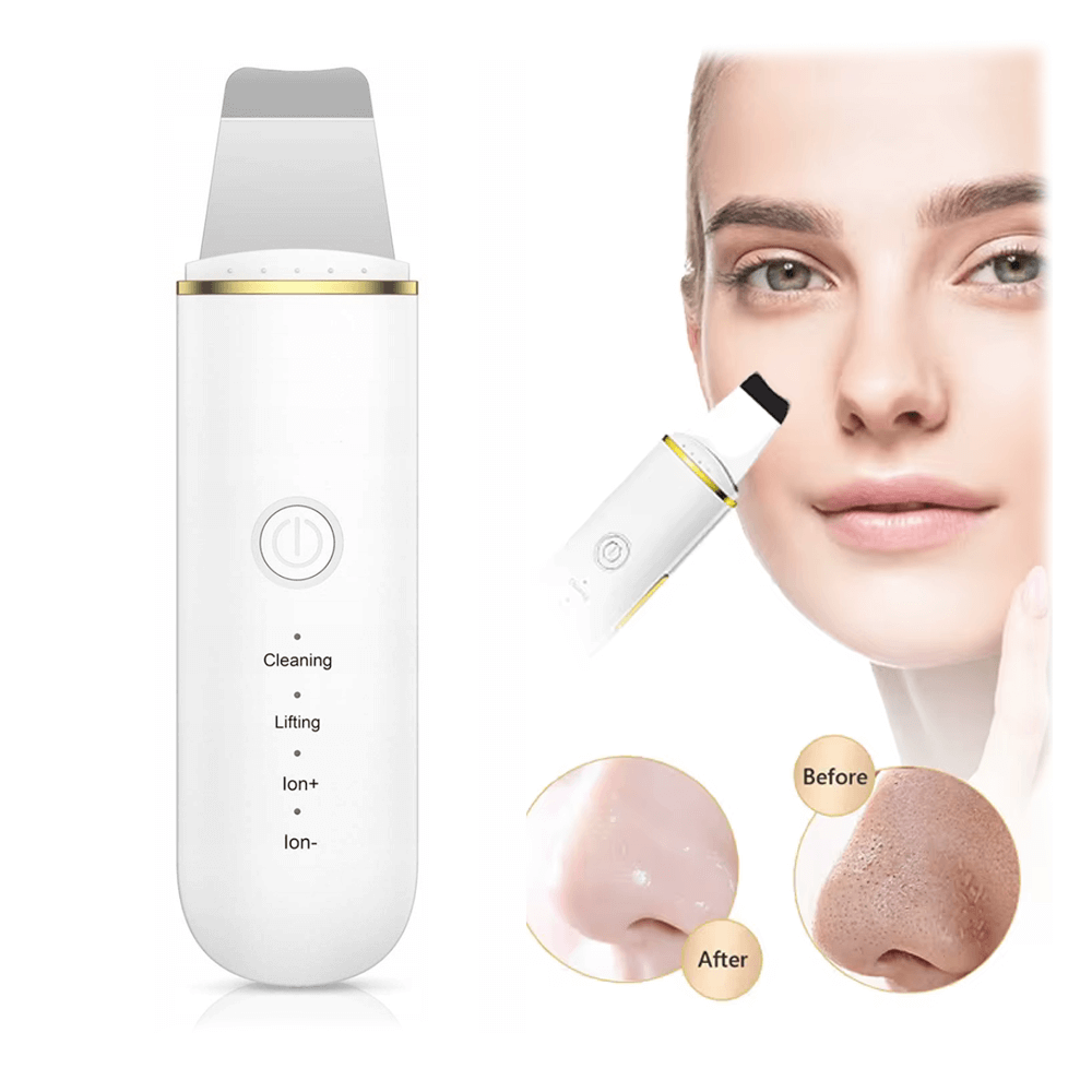Ultrasonic skin scrubber for deep facial cleansing and skin rejuvenation, showcasing before and after results.