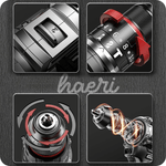 Close-up of ARIDOO cordless drill features including speed settings, torque adjustment, and motor design.