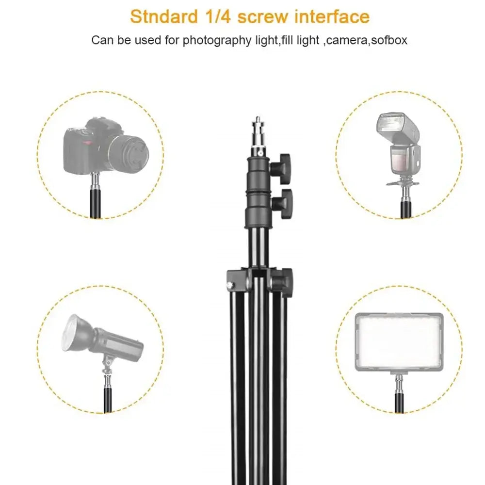 2.1m tripod with 1/4" screw, supports camera, light, softbox; versatile for photography gear attachment.