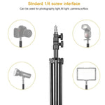 2.1m tripod with 1/4" screw, supports camera, light, softbox; versatile for photography gear attachment.