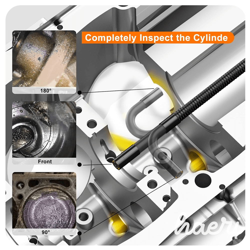 Close-up of engine cylinder inspection using a Wi-Fi endoscope with views at 180°, front, and 90° angles.