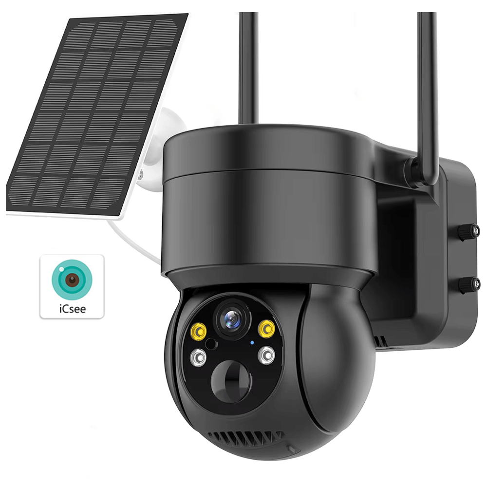 Wi-Fi surveillance camera with solar panel, 4MP resolution, IP66 waterproof, night vision, supports Android and iOS with ICSEE app.