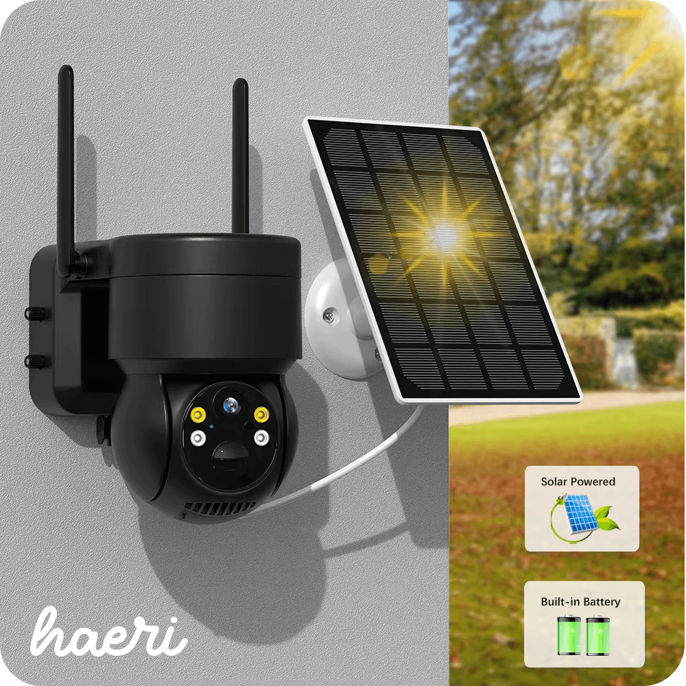 Wi-Fi security camera with solar panel and 4MP resolution, featuring IP66 waterproof design for outdoor use.