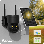 Wi-Fi security camera with solar panel and 4MP resolution, featuring IP66 waterproof design for outdoor use.
