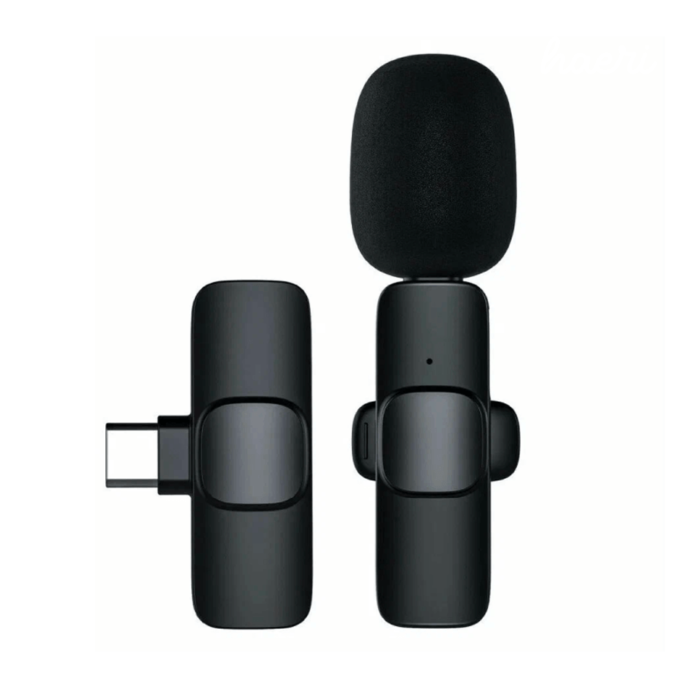 Black K8 wireless lavalier microphone with Type-C interface for iPhone 15, 16 & Android, ideal for high-quality sound and convenience.