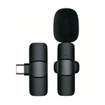 Black K8 wireless lavalier microphone with Type-C interface for iPhone 15, 16 & Android, ideal for high-quality sound and convenience.