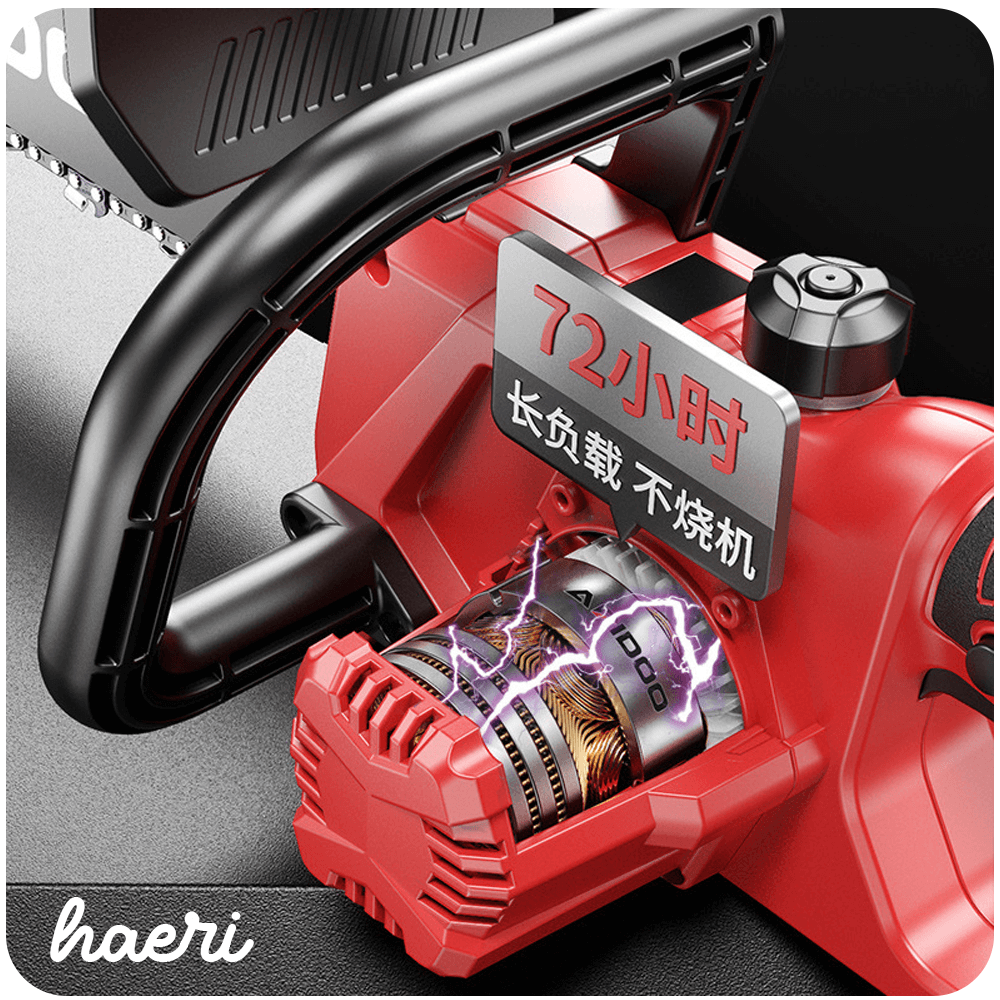 Close-up of a powerful electric chainsaw motor with a 72-hour runtime, showcasing innovative design and technology.
