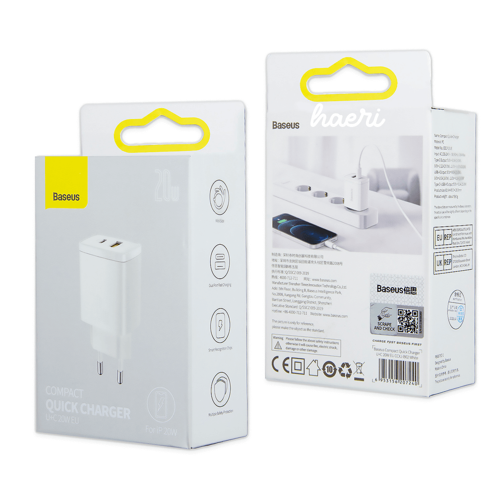 BASEUS დამტენი ადაპტერი USB + Type-C 20W