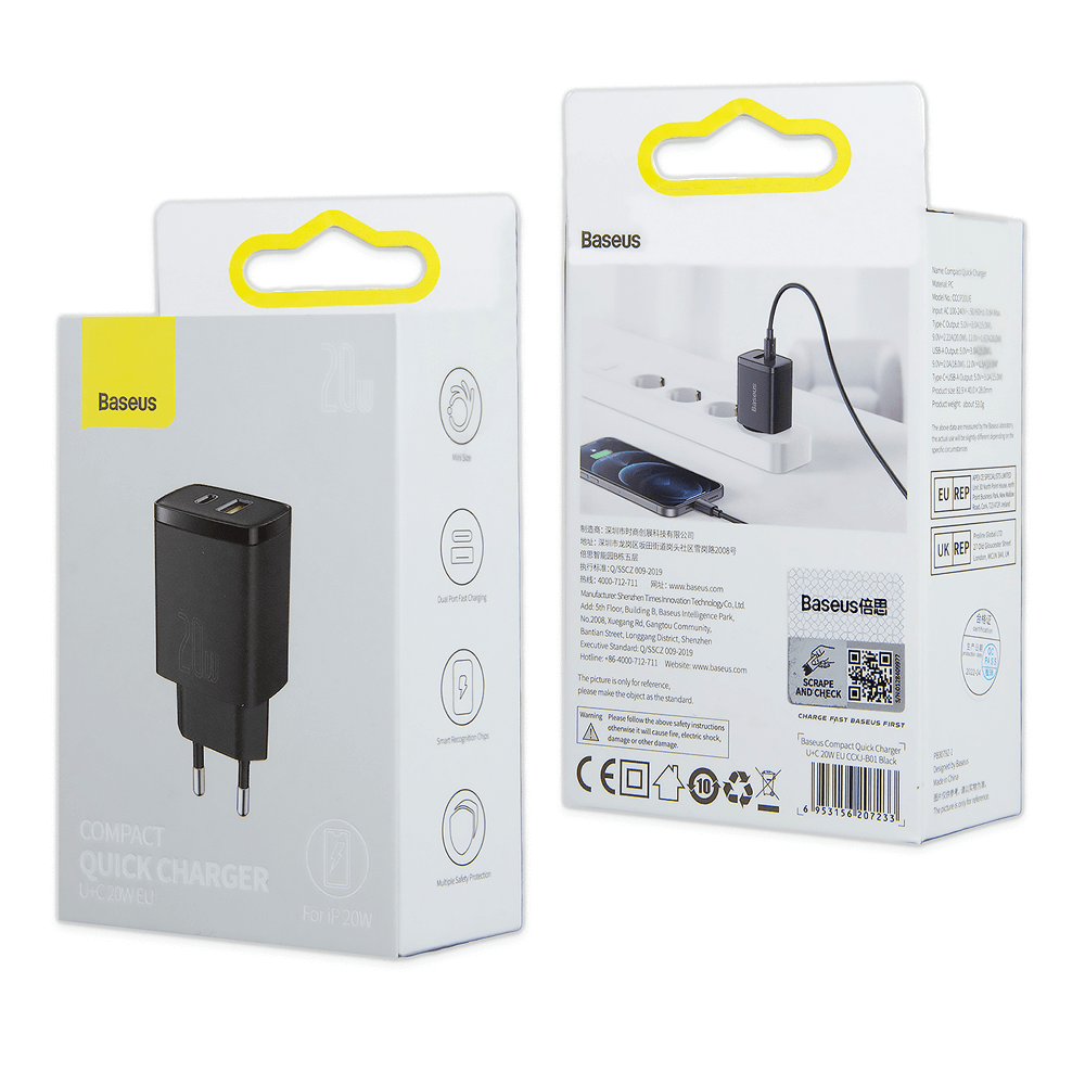 BASEUS დამტენის ადაპტერი USB + Type-C 20W