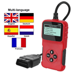 OBD2 V309 diagnostic scanner with multi-language interface, showing flags for English, German, Spanish, Dutch, and French.