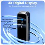 Wireless microphone with 4X digital display showing pairing, noise cancellation, reverb, and mute indicators for professional recording.