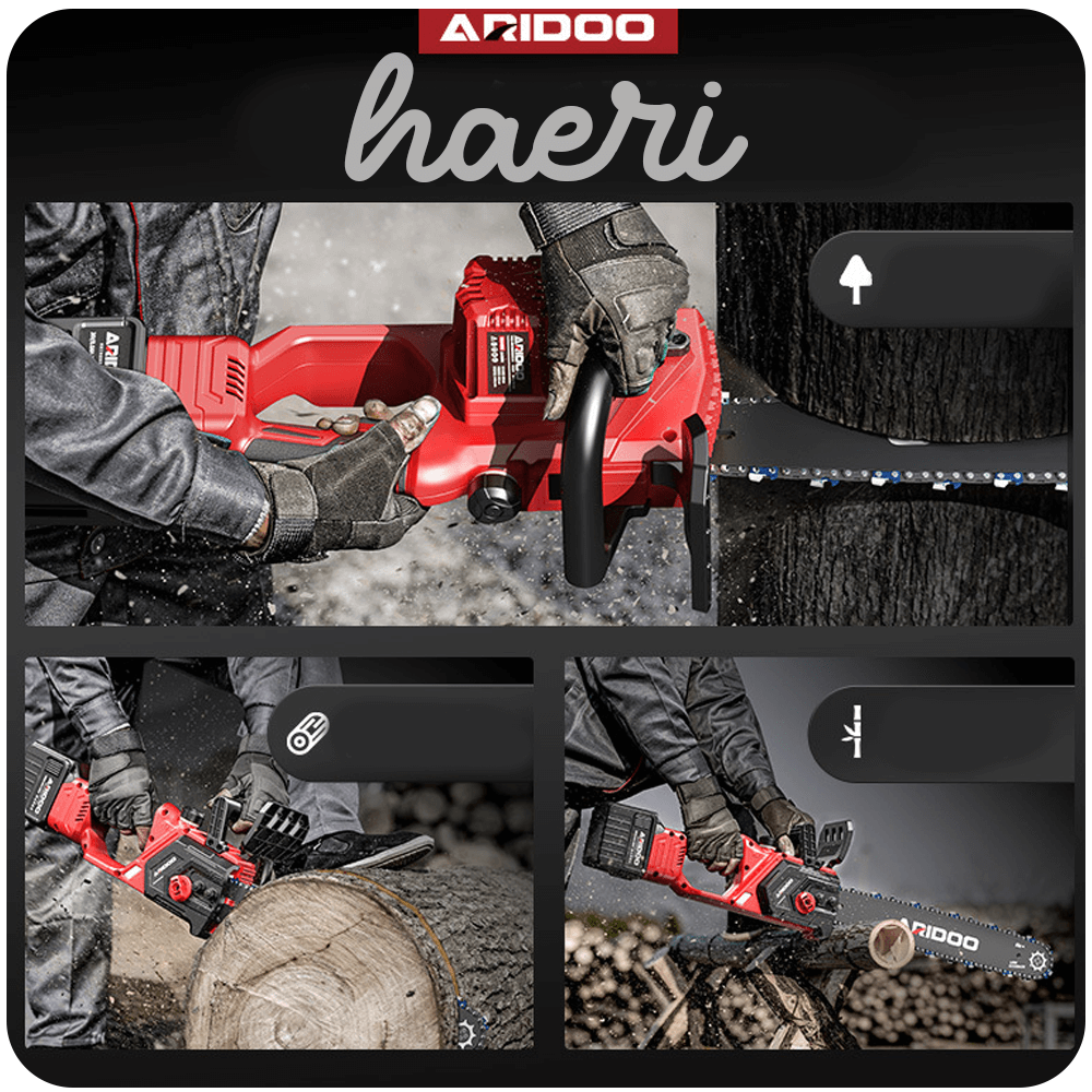 ARIDOO 36V 16" cordless chainsaw in action, showcasing easy chain adjustment and cutting performance.