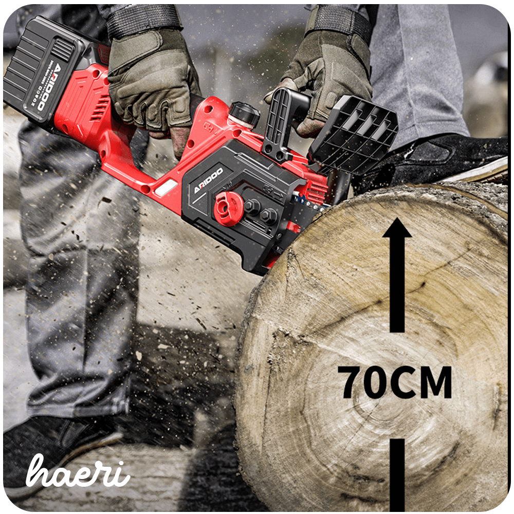 ARIDOO 36V cordless chainsaw cutting through a 70cm log, demonstrating its power and precision.