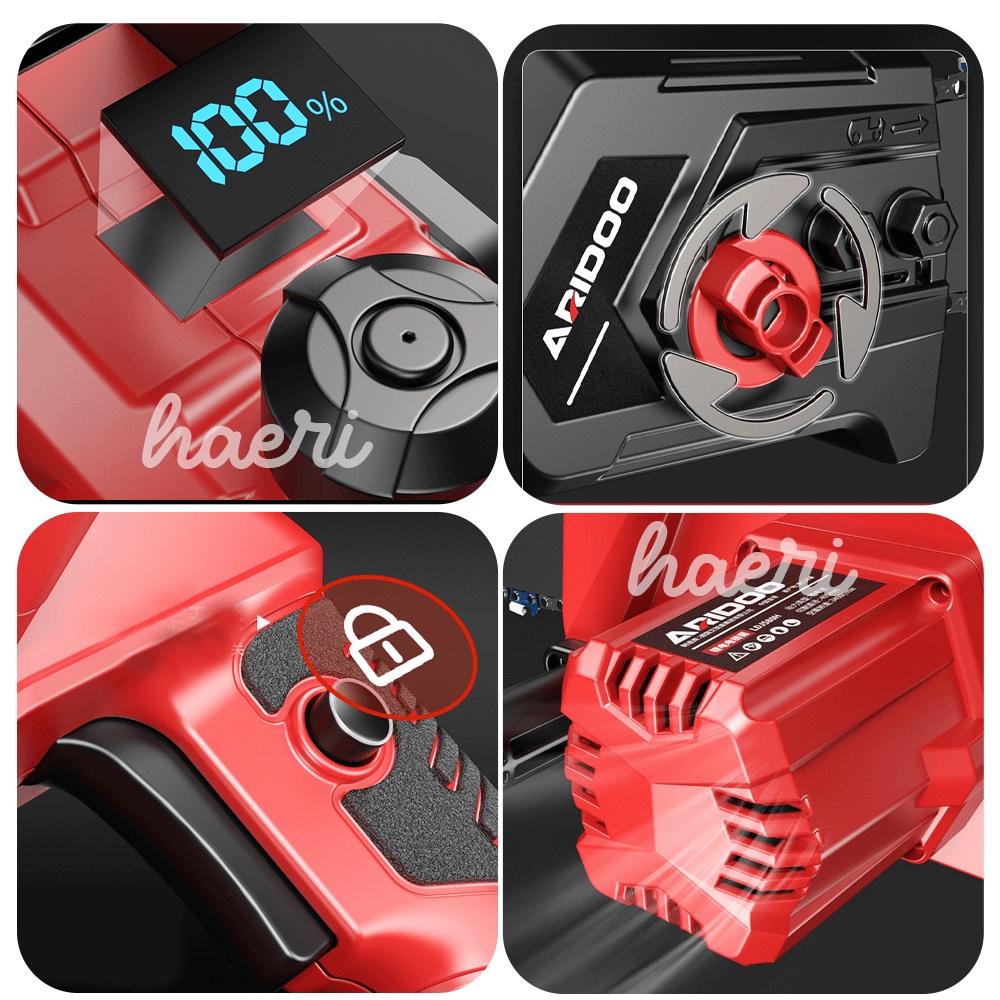 ARIDOO 36V battery chain saw features: battery level, chain adjustment, lock button, and powerful motor details.