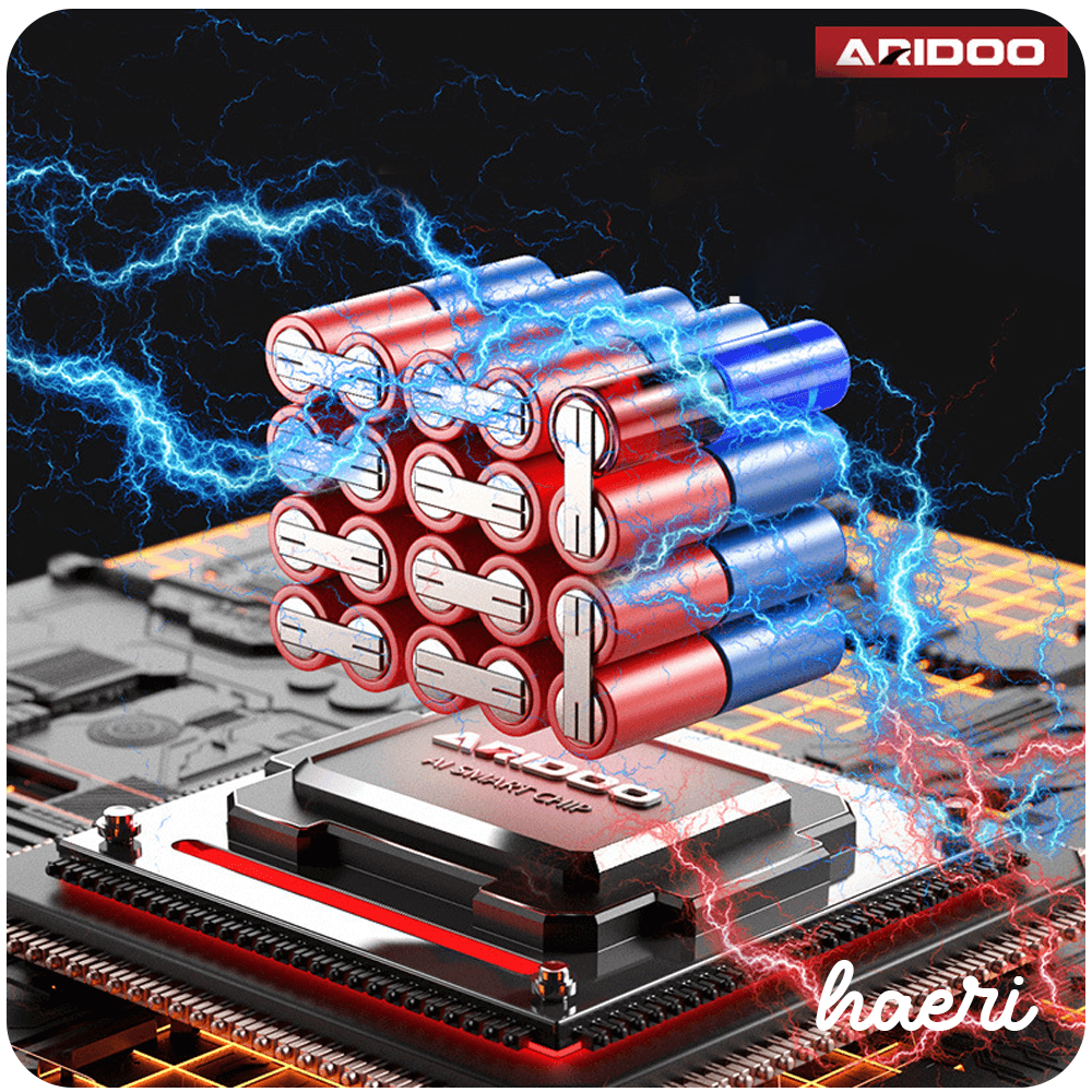 ARIDOO battery technology illustration showing powerful energy cells with dynamic lightning effects.