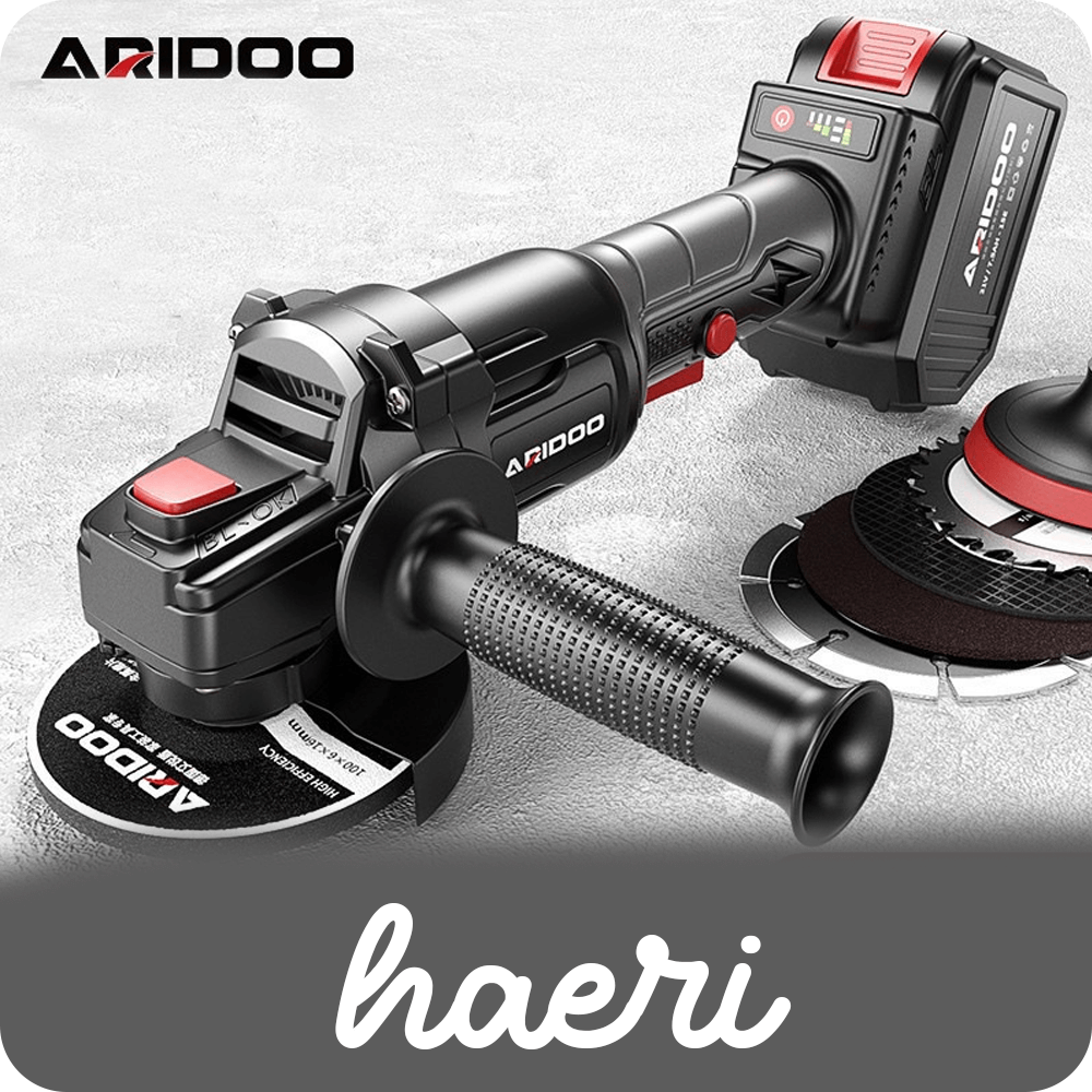 ARIDOO 21V cordless angle grinder with accessories and charging indicator displayed on a gray surface.