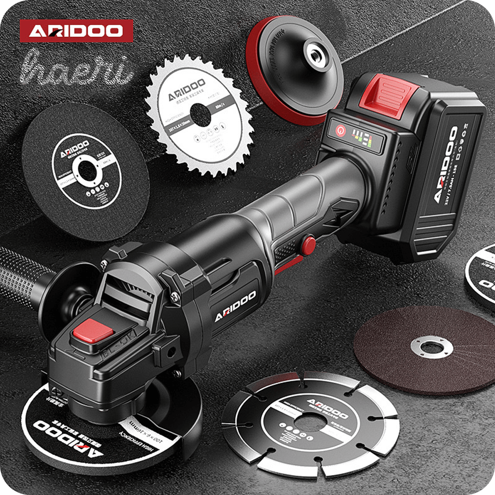 ARIDOO 21V cordless angle grinder with cutting and polishing discs, compact design for versatile use.