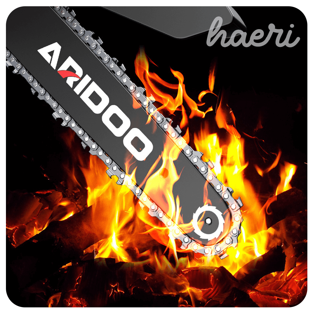 ARIDOO 6" cordless chainsaw with flames in the background, showcasing power and efficiency for cutting tasks.