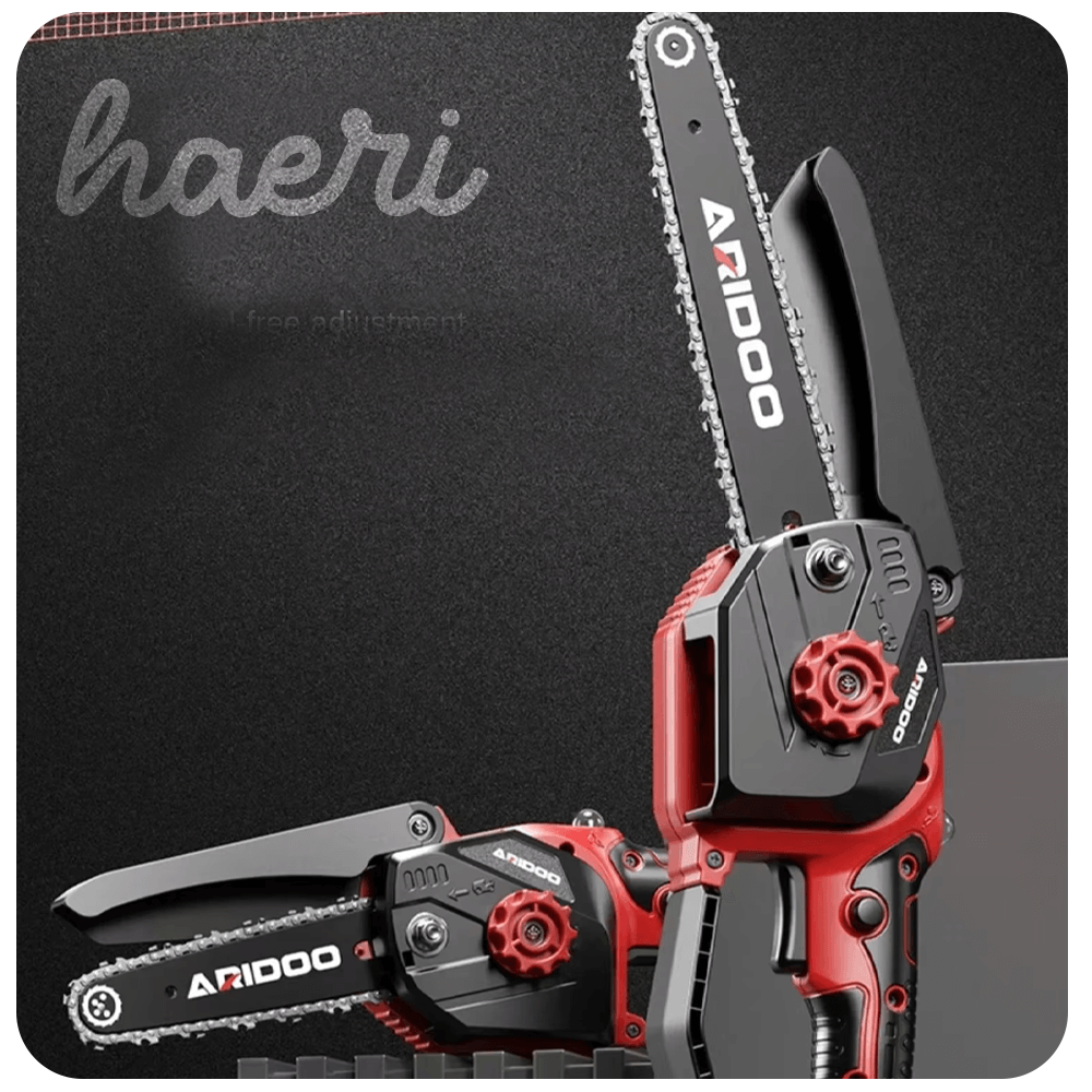 ARIDOO 6-inch mini chainsaw with brushless motor and automatic chain lubrication for efficient cutting.