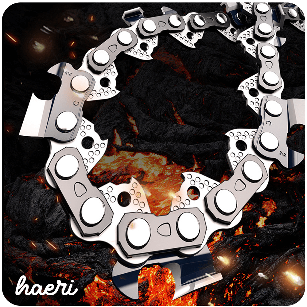 Chain saw chain design with metallic links against a fiery background, showcasing durability and strength.